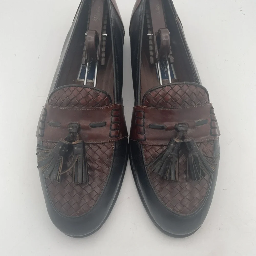 Bragano Mens Shoes Size 10M Black Brown‎ Leather Full Strap Woven Tassel Loafers